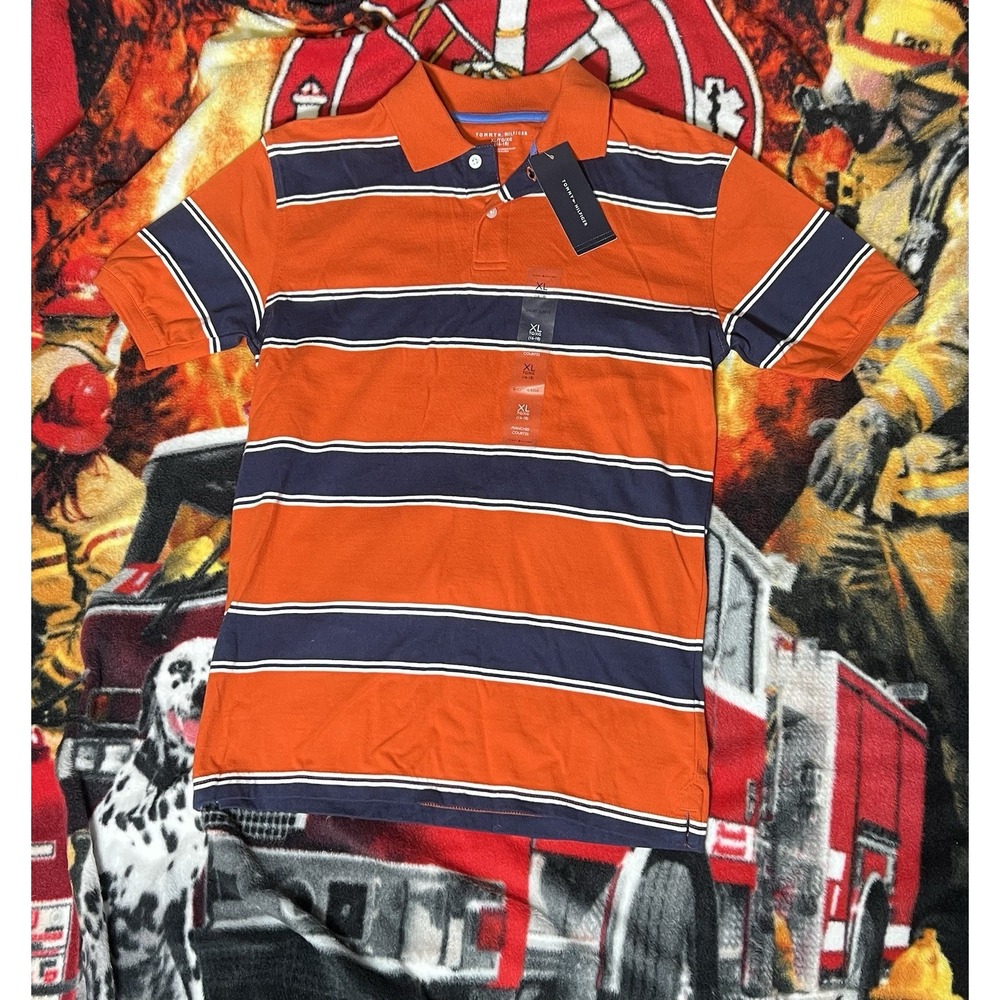 Tommy Hilfiger Boys Orange and Blue Striped Polo Shirt size XL(16-18)